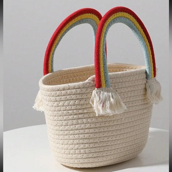Handmade Woven Beige Handbag w Knitted Rainbow Tassel Handle OS New - Picture 2 of 4